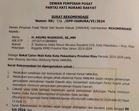 Dapat Dukungan Resmi dari DPP Hanura, Agung Nugroho Kian Dekat ke Pilkada Kota Pekanbaru
