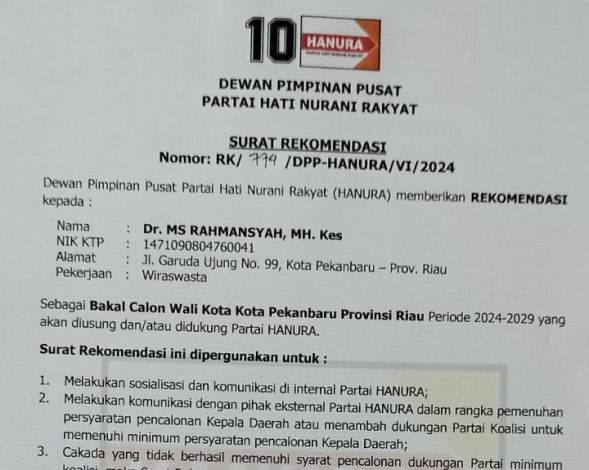 DPP Hanura Rekomendasikan Rahmansyah sebagai Balon Walikota Pekanbaru 2024-2029